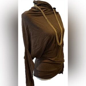 Lada Lucci Sz Sm twisted asymmetrical top in rich chocolate brown.
